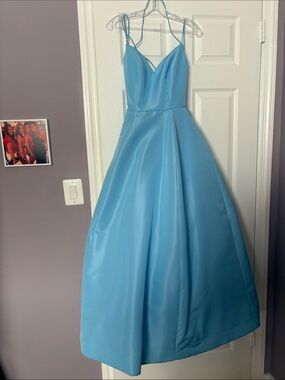 Sherri Hill Light Blue Satin Prom Ball Gown with Spaghetti Straps